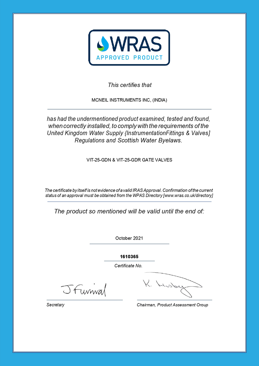 WRAS Approved Product Certificate